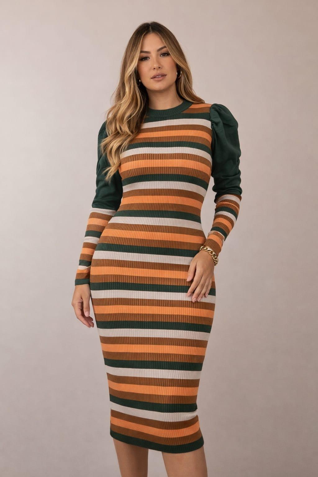 VESTIDO MANGA LONGA LISTRAS TRICOT